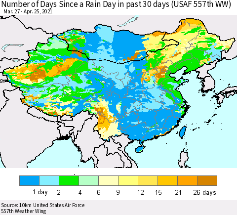 China, Mongolia and Taiwan Number of Days Since a Rain Day in past 30 days (USAF 557th WW) Thematic Map For 4/21/2021 - 4/25/2021
