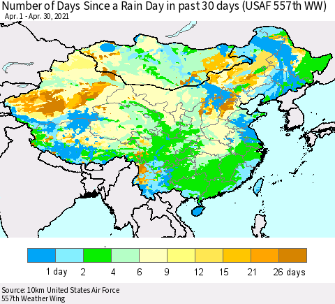 China, Mongolia and Taiwan Number of Days Since a Rain Day in past 30 days (USAF 557th WW) Thematic Map For 4/26/2021 - 4/30/2021