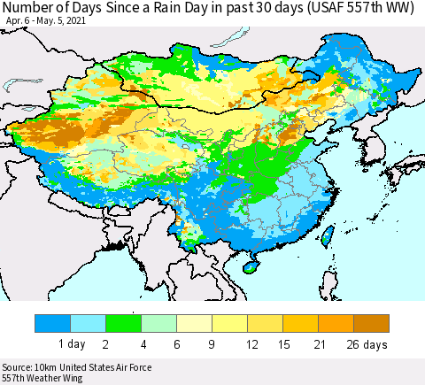 China, Mongolia and Taiwan Number of Days Since a Rain Day in past 30 days (USAF 557th WW) Thematic Map For 5/1/2021 - 5/5/2021