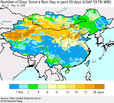 China, Mongolia and Taiwan Number of Days Since a Rain Day in past 30 days (USAF 557th WW) Thematic Map For 5/6/2021 - 5/10/2021