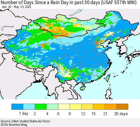 China, Mongolia and Taiwan Number of Days Since a Rain Day in past 30 days (USAF 557th WW) Thematic Map For 5/11/2021 - 5/15/2021