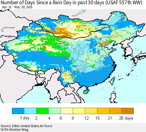 China, Mongolia and Taiwan Number of Days Since a Rain Day in past 30 days (USAF 557th WW) Thematic Map For 5/16/2021 - 5/20/2021