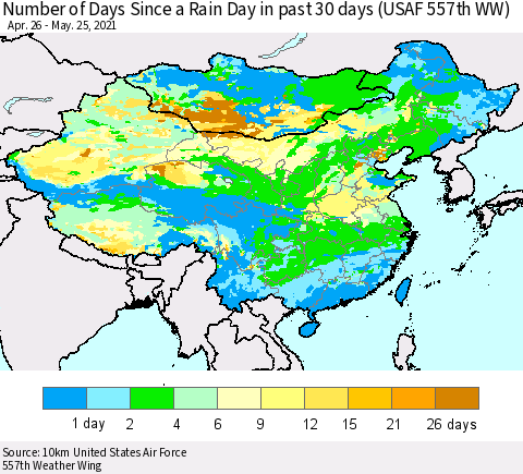 China, Mongolia and Taiwan Number of Days Since a Rain Day in past 30 days (USAF 557th WW) Thematic Map For 5/21/2021 - 5/25/2021