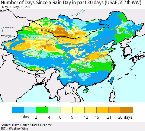 China, Mongolia and Taiwan Number of Days Since a Rain Day in past 30 days (USAF 557th WW) Thematic Map For 5/26/2021 - 5/31/2021