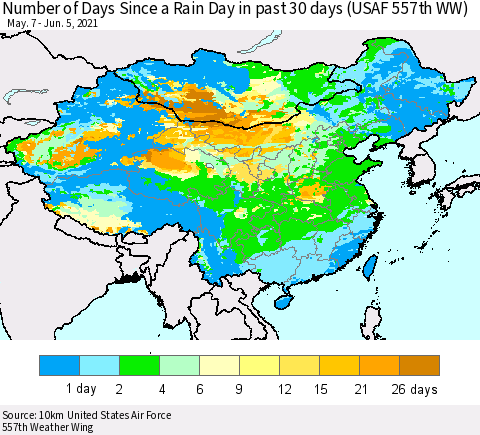 China, Mongolia and Taiwan Number of Days Since a Rain Day in past 30 days (USAF 557th WW) Thematic Map For 6/1/2021 - 6/5/2021