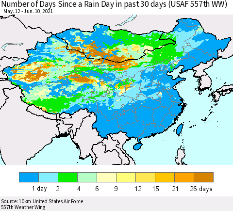 China, Mongolia and Taiwan Number of Days Since a Rain Day in past 30 days (USAF 557th WW) Thematic Map For 6/6/2021 - 6/10/2021