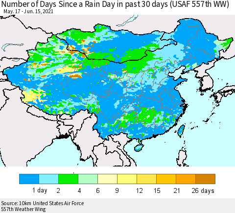 China, Mongolia and Taiwan Number of Days Since a Rain Day in past 30 days (USAF 557th WW) Thematic Map For 6/11/2021 - 6/15/2021