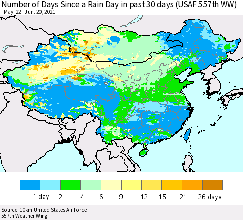 China, Mongolia and Taiwan Number of Days Since a Rain Day in past 30 days (USAF 557th WW) Thematic Map For 6/16/2021 - 6/20/2021
