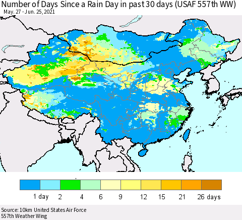 China, Mongolia and Taiwan Number of Days Since a Rain Day in past 30 days (USAF 557th WW) Thematic Map For 6/21/2021 - 6/25/2021