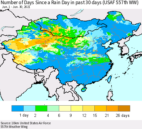 China, Mongolia and Taiwan Number of Days Since a Rain Day in past 30 days (USAF 557th WW) Thematic Map For 6/26/2021 - 6/30/2021