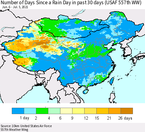 China, Mongolia and Taiwan Number of Days Since a Rain Day in past 30 days (USAF 557th WW) Thematic Map For 7/1/2021 - 7/5/2021