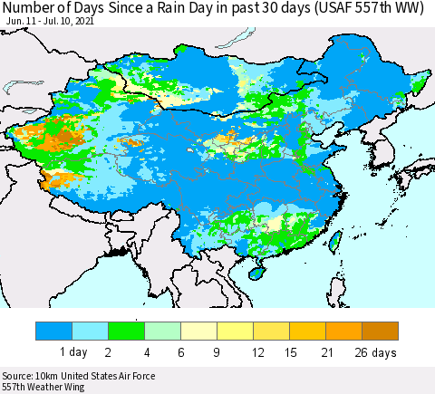 China, Mongolia and Taiwan Number of Days Since a Rain Day in past 30 days (USAF 557th WW) Thematic Map For 7/6/2021 - 7/10/2021