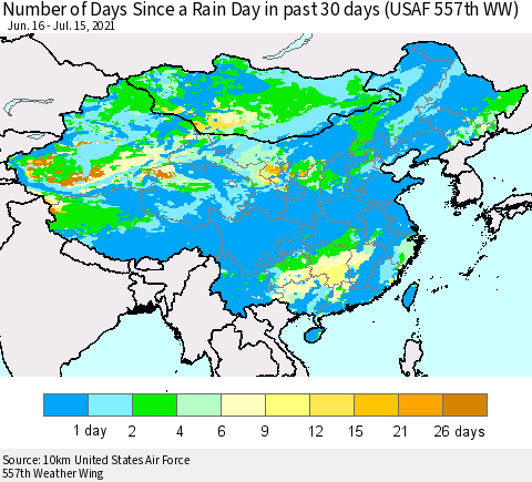 China, Mongolia and Taiwan Number of Days Since a Rain Day in past 30 days (USAF 557th WW) Thematic Map For 7/11/2021 - 7/15/2021