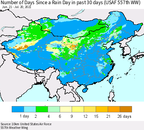 China, Mongolia and Taiwan Number of Days Since a Rain Day in past 30 days (USAF 557th WW) Thematic Map For 7/16/2021 - 7/20/2021