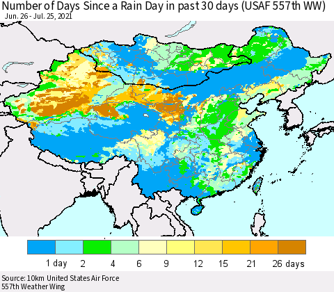 China, Mongolia and Taiwan Number of Days Since a Rain Day in past 30 days (USAF 557th WW) Thematic Map For 7/21/2021 - 7/25/2021