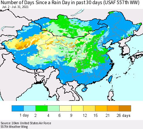 China, Mongolia and Taiwan Number of Days Since a Rain Day in past 30 days (USAF 557th WW) Thematic Map For 7/26/2021 - 7/31/2021
