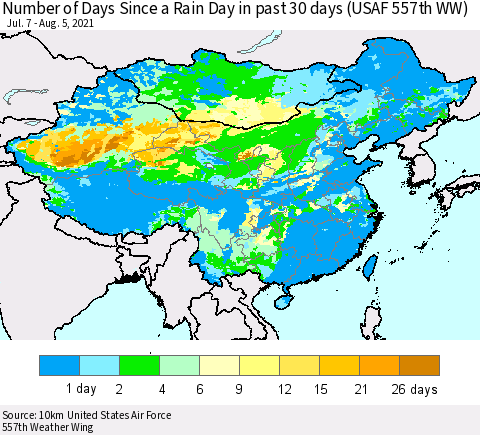 China, Mongolia and Taiwan Number of Days Since a Rain Day in past 30 days (USAF 557th WW) Thematic Map For 8/1/2021 - 8/5/2021