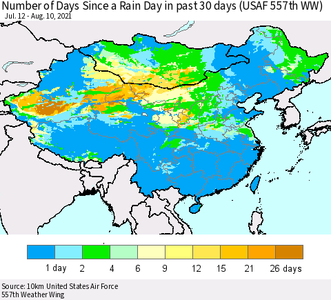 China, Mongolia and Taiwan Number of Days Since a Rain Day in past 30 days (USAF 557th WW) Thematic Map For 8/6/2021 - 8/10/2021