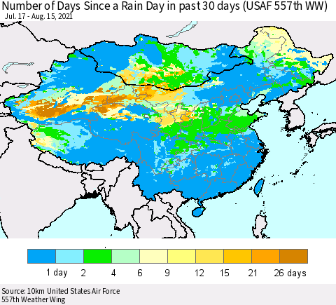 China, Mongolia and Taiwan Number of Days Since a Rain Day in past 30 days (USAF 557th WW) Thematic Map For 8/11/2021 - 8/15/2021