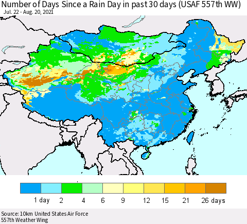China, Mongolia and Taiwan Number of Days Since a Rain Day in past 30 days (USAF 557th WW) Thematic Map For 8/16/2021 - 8/20/2021