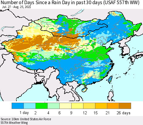China, Mongolia and Taiwan Number of Days Since a Rain Day in past 30 days (USAF 557th WW) Thematic Map For 8/21/2021 - 8/25/2021