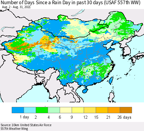 China, Mongolia and Taiwan Number of Days Since a Rain Day in past 30 days (USAF 557th WW) Thematic Map For 8/26/2021 - 8/31/2021