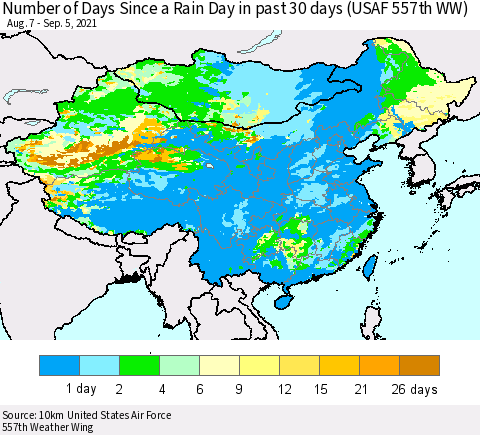 China, Mongolia and Taiwan Number of Days Since a Rain Day in past 30 days (USAF 557th WW) Thematic Map For 9/1/2021 - 9/5/2021