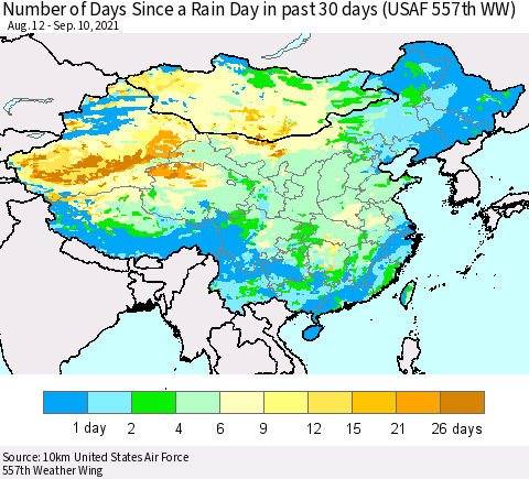 China, Mongolia and Taiwan Number of Days Since a Rain Day in past 30 days (USAF 557th WW) Thematic Map For 9/6/2021 - 9/10/2021