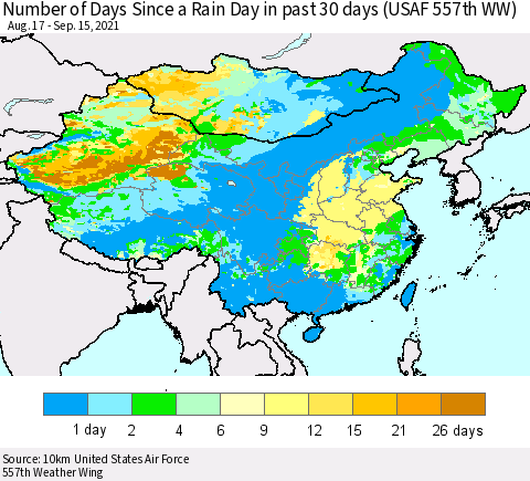 China, Mongolia and Taiwan Number of Days Since a Rain Day in past 30 days (USAF 557th WW) Thematic Map For 9/11/2021 - 9/15/2021