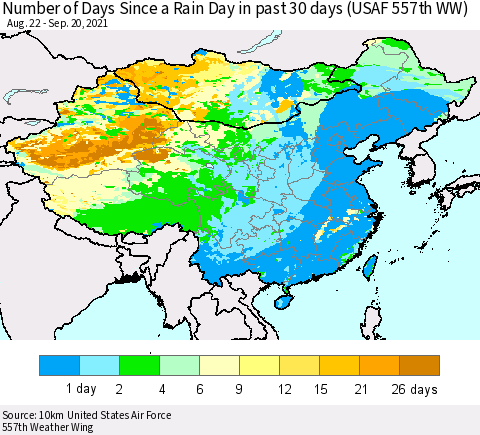 China, Mongolia and Taiwan Number of Days Since a Rain Day in past 30 days (USAF 557th WW) Thematic Map For 9/16/2021 - 9/20/2021