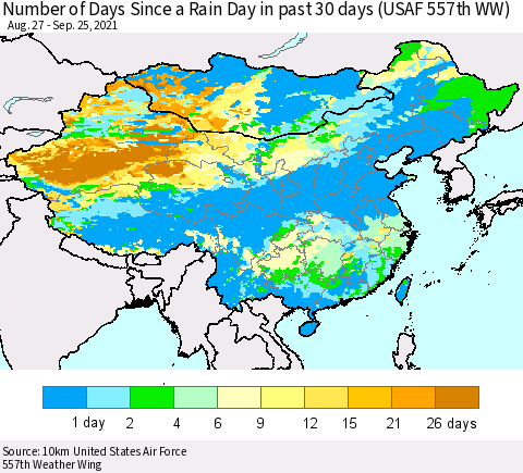 China, Mongolia and Taiwan Number of Days Since a Rain Day in past 30 days (USAF 557th WW) Thematic Map For 9/21/2021 - 9/25/2021