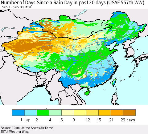 China, Mongolia and Taiwan Number of Days Since a Rain Day in past 30 days (USAF 557th WW) Thematic Map For 9/26/2021 - 9/30/2021