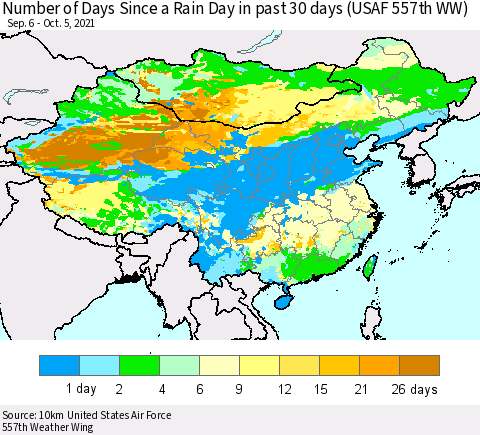 China, Mongolia and Taiwan Number of Days Since a Rain Day in past 30 days (USAF 557th WW) Thematic Map For 10/1/2021 - 10/5/2021