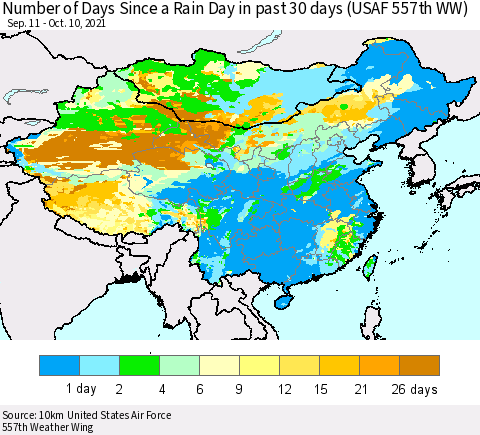 China, Mongolia and Taiwan Number of Days Since a Rain Day in past 30 days (USAF 557th WW) Thematic Map For 10/6/2021 - 10/10/2021