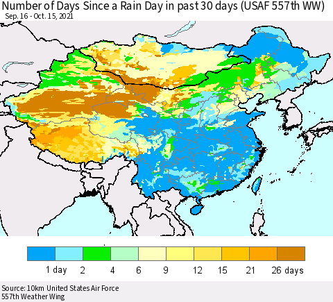 China, Mongolia and Taiwan Number of Days Since a Rain Day in past 30 days (USAF 557th WW) Thematic Map For 10/11/2021 - 10/15/2021