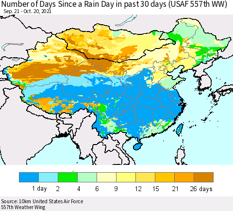 China, Mongolia and Taiwan Number of Days Since a Rain Day in past 30 days (USAF 557th WW) Thematic Map For 10/16/2021 - 10/20/2021