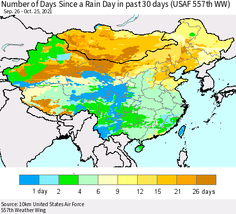 China, Mongolia and Taiwan Number of Days Since a Rain Day in past 30 days (USAF 557th WW) Thematic Map For 10/21/2021 - 10/25/2021