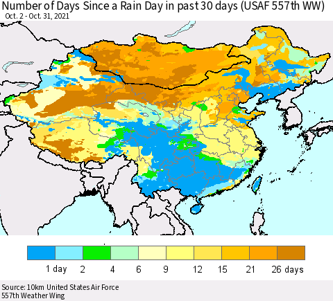 China, Mongolia and Taiwan Number of Days Since a Rain Day in past 30 days (USAF 557th WW) Thematic Map For 10/26/2021 - 10/31/2021