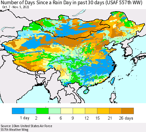 China, Mongolia and Taiwan Number of Days Since a Rain Day in past 30 days (USAF 557th WW) Thematic Map For 11/1/2021 - 11/5/2021