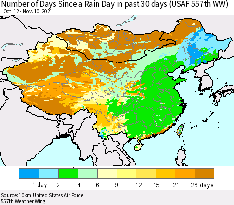 China, Mongolia and Taiwan Number of Days Since a Rain Day in past 30 days (USAF 557th WW) Thematic Map For 11/6/2021 - 11/10/2021