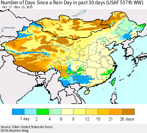 China, Mongolia and Taiwan Number of Days Since a Rain Day in past 30 days (USAF 557th WW) Thematic Map For 11/11/2021 - 11/15/2021