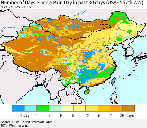 China, Mongolia and Taiwan Number of Days Since a Rain Day in past 30 days (USAF 557th WW) Thematic Map For 11/16/2021 - 11/20/2021