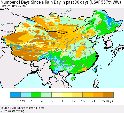 China, Mongolia and Taiwan Number of Days Since a Rain Day in past 30 days (USAF 557th WW) Thematic Map For 11/21/2021 - 11/25/2021
