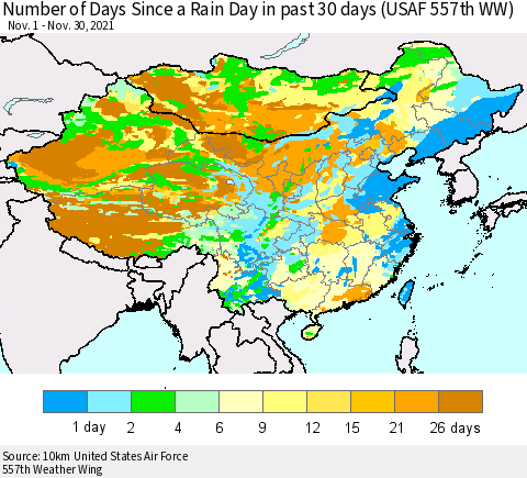 China, Mongolia and Taiwan Number of Days Since a Rain Day in past 30 days (USAF 557th WW) Thematic Map For 11/26/2021 - 11/30/2021
