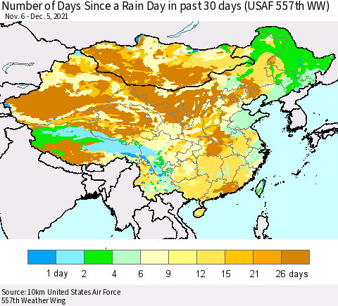 China, Mongolia and Taiwan Number of Days Since a Rain Day in past 30 days (USAF 557th WW) Thematic Map For 12/1/2021 - 12/5/2021