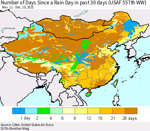China, Mongolia and Taiwan Number of Days Since a Rain Day in past 30 days (USAF 557th WW) Thematic Map For 12/6/2021 - 12/10/2021