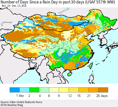 China, Mongolia and Taiwan Number of Days Since a Rain Day in past 30 days (USAF 557th WW) Thematic Map For 12/11/2021 - 12/15/2021