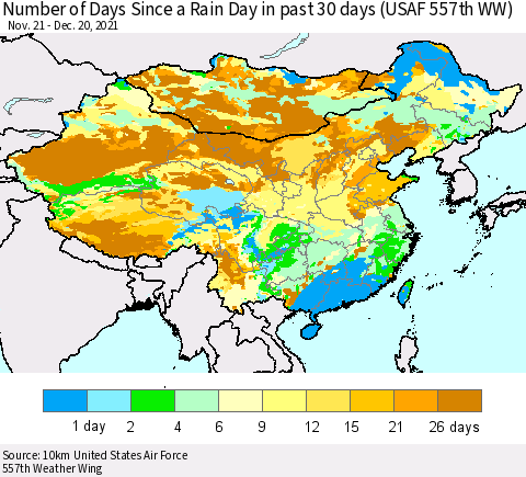 China, Mongolia and Taiwan Number of Days Since a Rain Day in past 30 days (USAF 557th WW) Thematic Map For 12/16/2021 - 12/20/2021