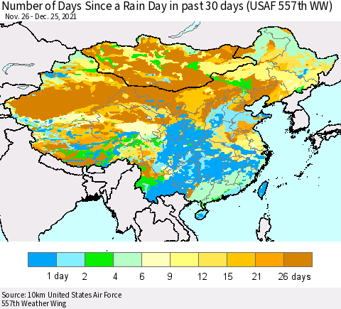 China, Mongolia and Taiwan Number of Days Since a Rain Day in past 30 days (USAF 557th WW) Thematic Map For 12/21/2021 - 12/25/2021