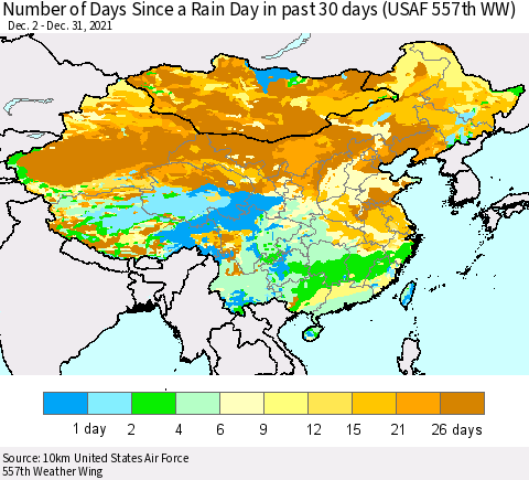 China, Mongolia and Taiwan Number of Days Since a Rain Day in past 30 days (USAF 557th WW) Thematic Map For 12/26/2021 - 12/31/2021